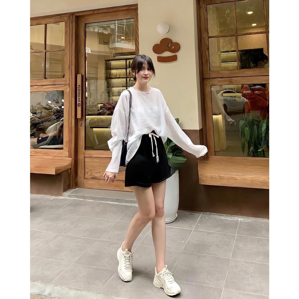 Áo Thun Gân Nữ Cổ Tròn Dáng Suông Dài Tay