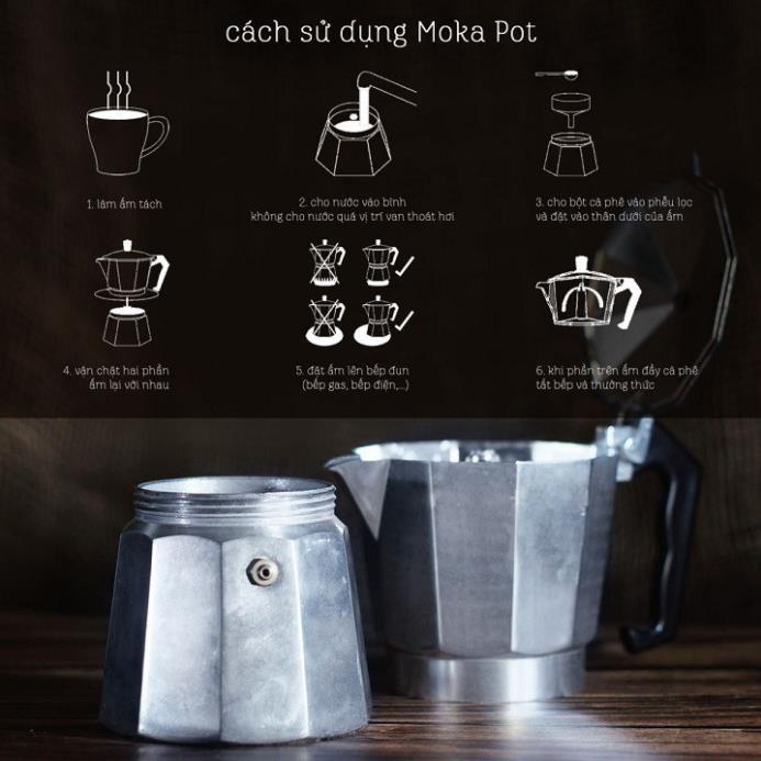 Bình pha cà phê Moka Pot 6 tách 300ml bằng Nhôm cao cấp - Bình pha cà phê kiểu Ý