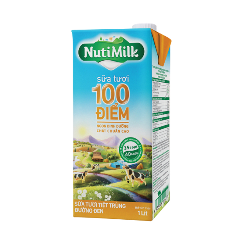 NutiMilk Sữa tươi 100 điểm - Sữa tươi tiệt trùng đường đen Hộp 1 Lít STDD1LTI NUTIFOOD