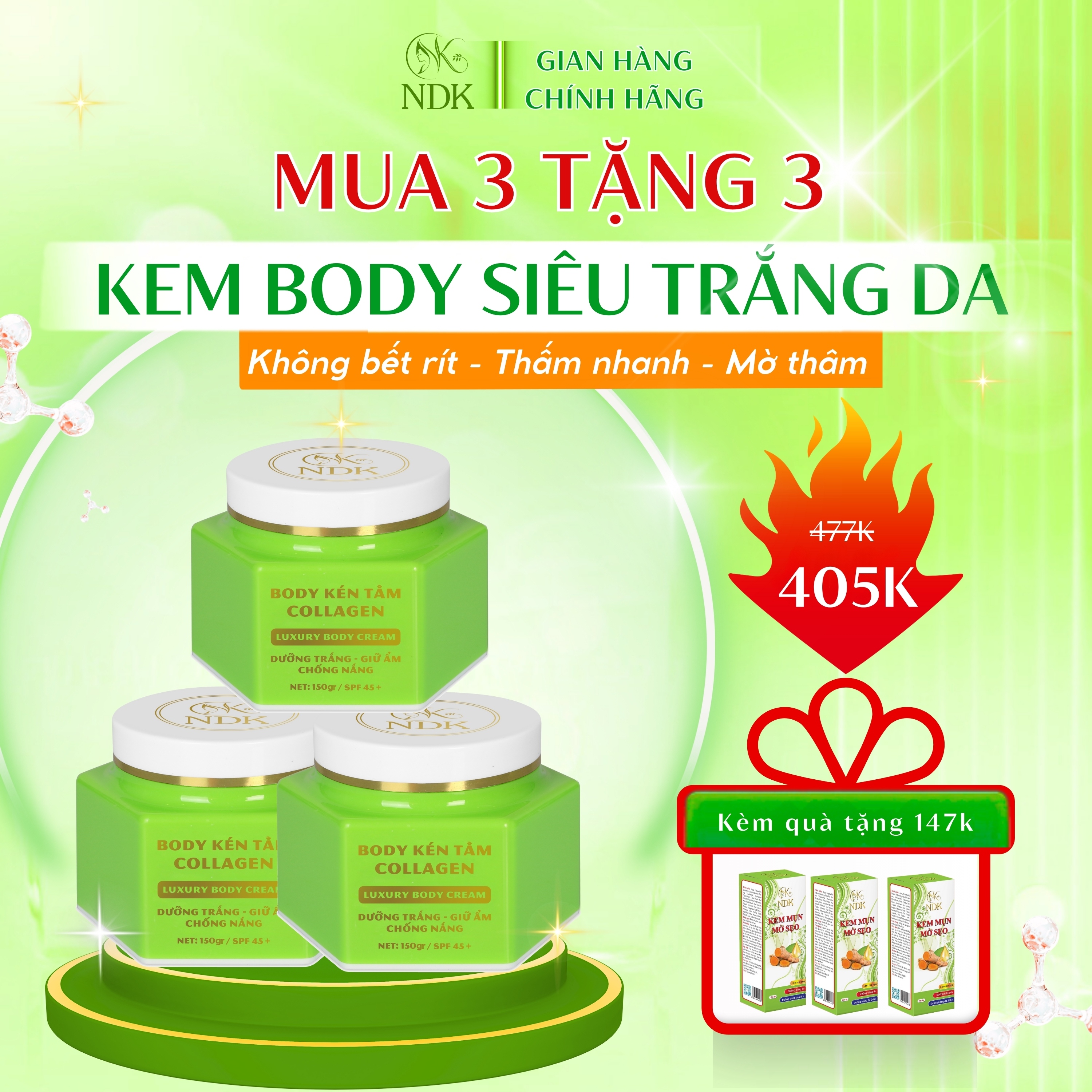 Combo 3 Kem Body Kén Tằm Collagen NDK Dưỡng Trắng Giữ Ẩm Chống Nắng