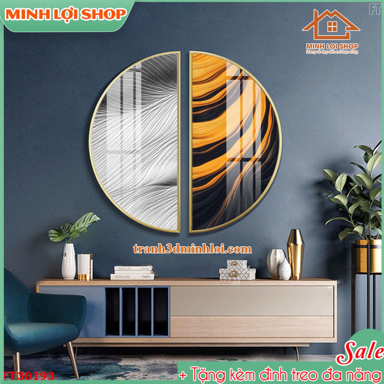 Tranh tròn bán nguyệt HIỆN ĐẠI trừu tượng treo tường trang trí phòng khách cực sang TẶNG KÈM ĐINH TREO