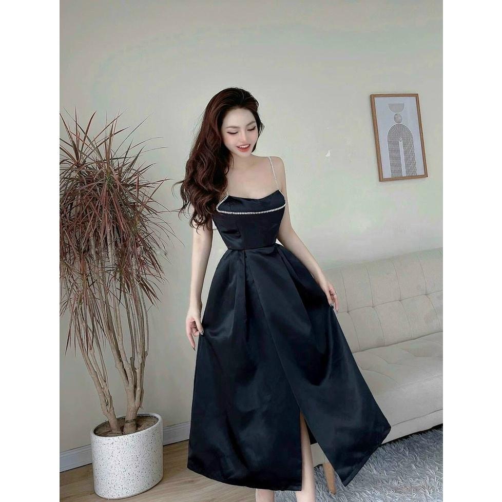 Váy đầm nữ dự tiệc  dáng xòe hai dây giả đá xẻ tà