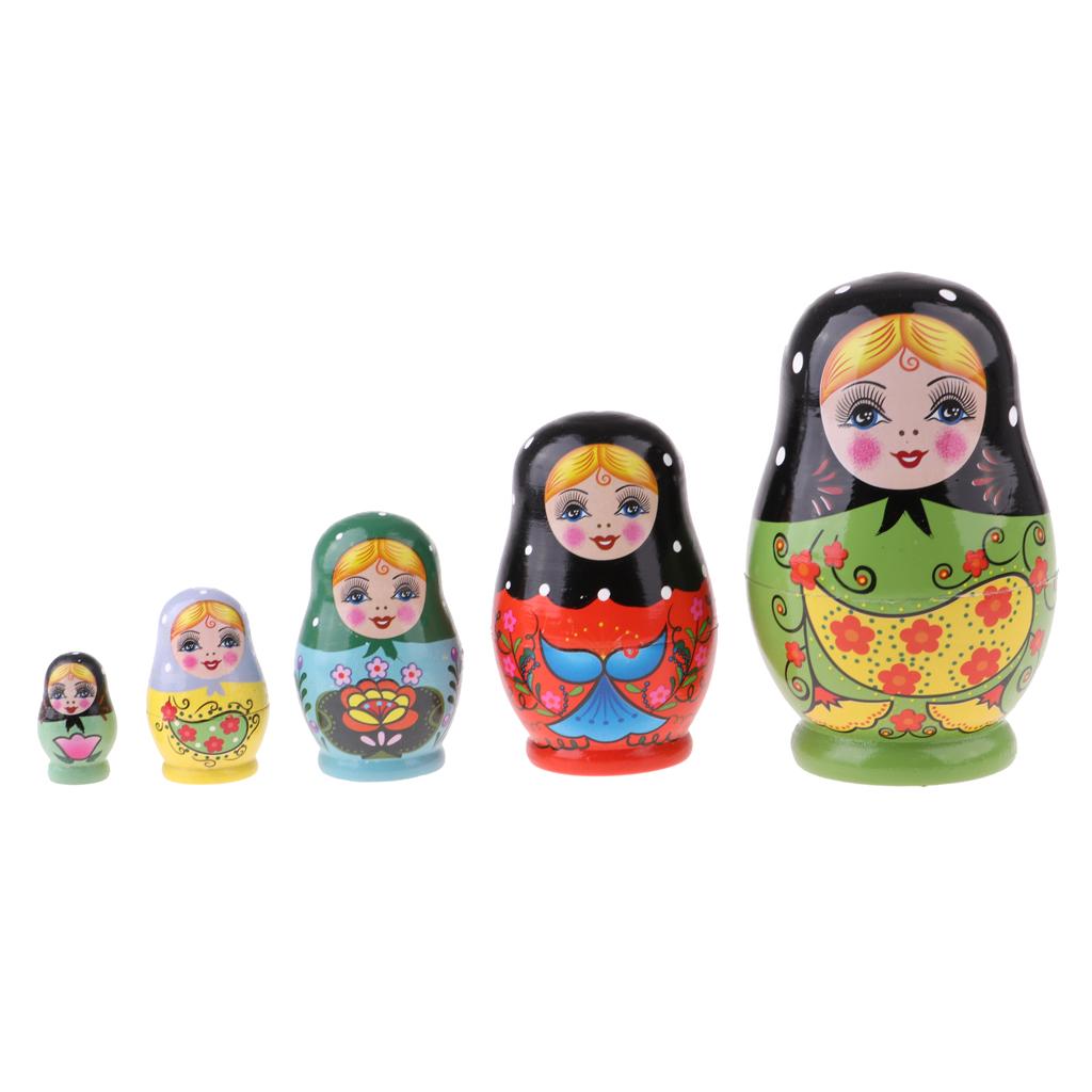 5PCS Painted Girl Wooden Russian Nesting Dolls Babushka Matryoshka Toy Craft