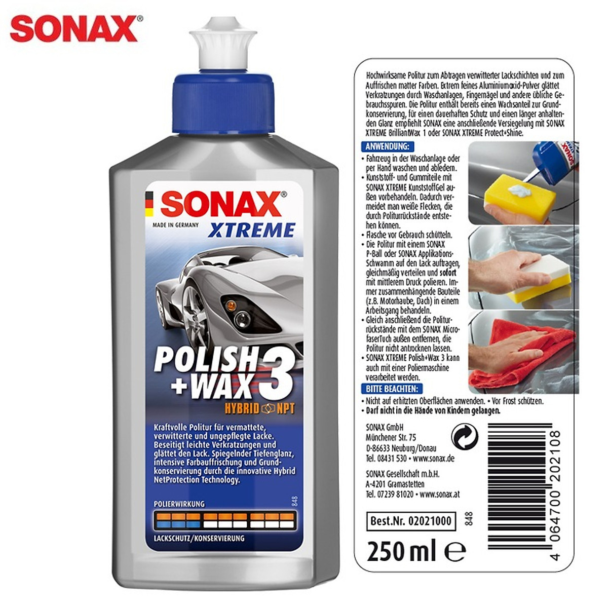 Kem đánh bóng, xóa xước và bảo vệ sơn xe ô tô 3in1 Sonax 202100 250ml - phục hồi sơn cũ, xóa vết xước nhỏ và bảo vệ sơn xe toàn diện