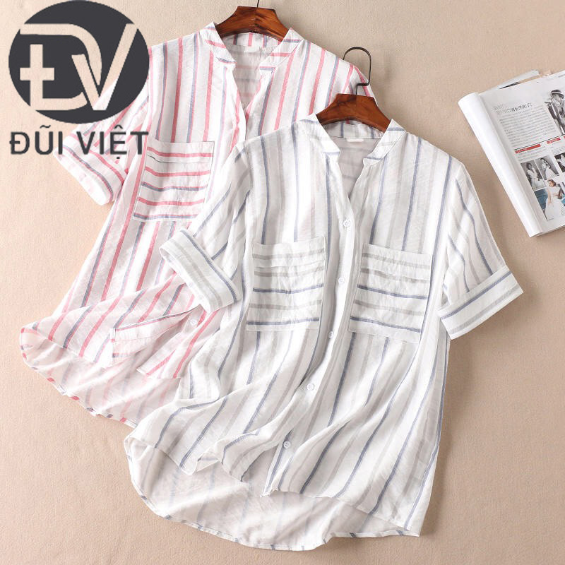 Áo sơ mi nữ, kiểu dáng hàn quốc, ngắn tay, chất đũi mát kẻ sọc freesize Đũi Việt DS10