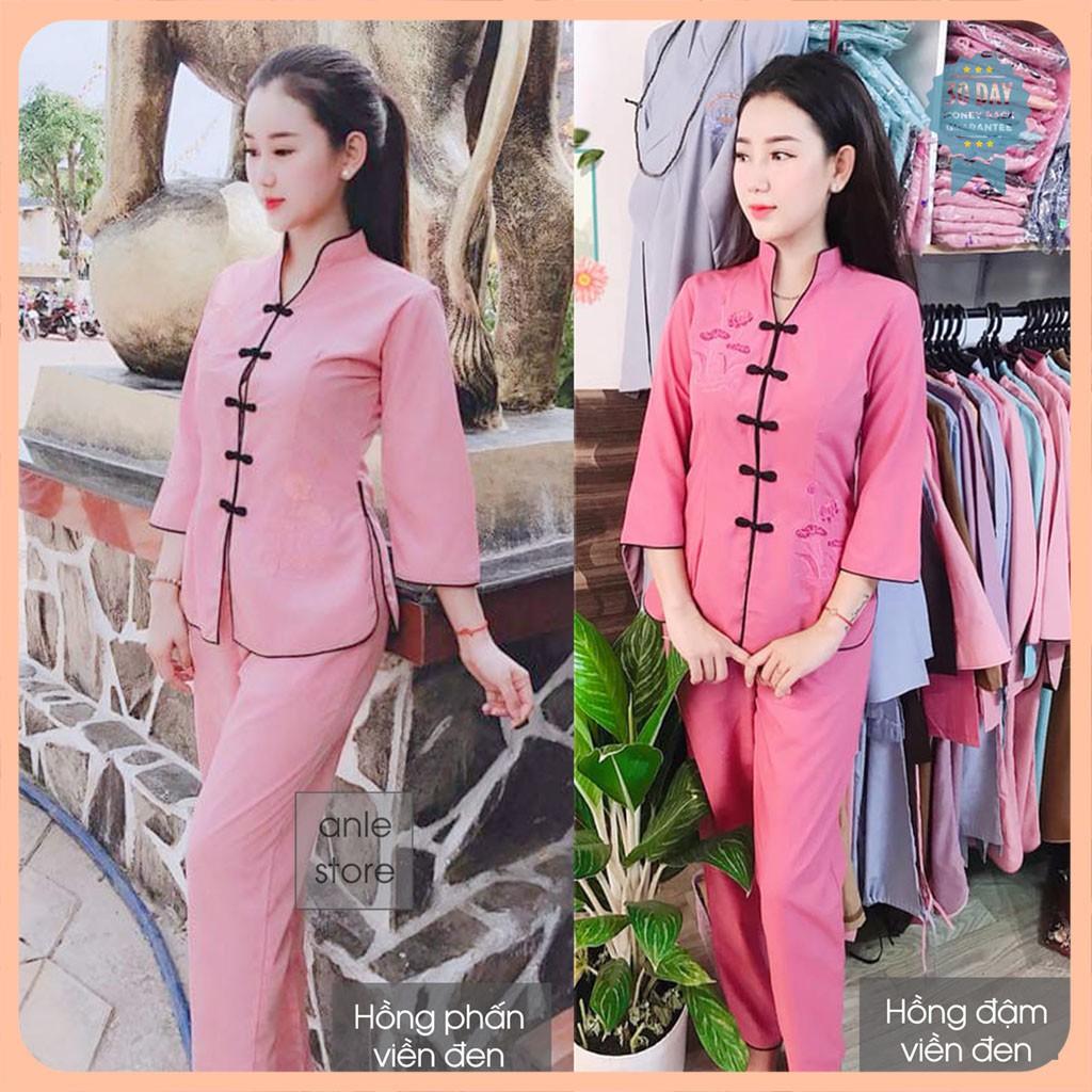 Đồ lam đi chùa - Bộ đồ phật tử thêu sen cổ tàu vải Kate Polin nhập