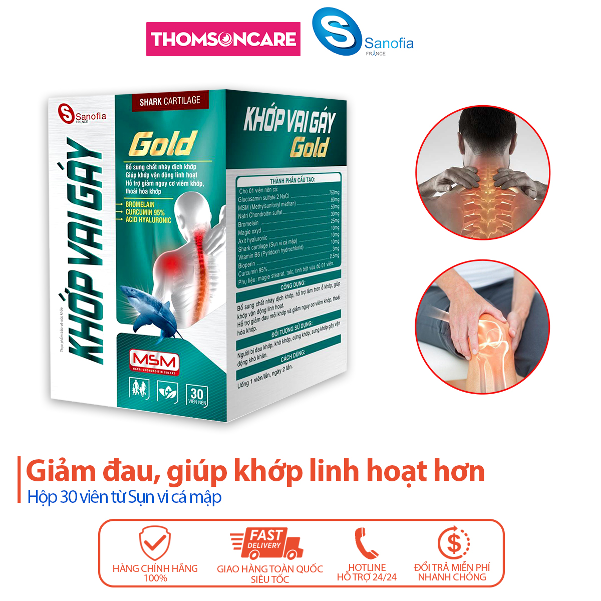 Viên uống bổ xương khớp vai gáy gold, bổ sung chất dịch nhày khớp, giúp khớp linh hoạt từ sụn vi cá mập - Lọ 30 viên Thomsoncare