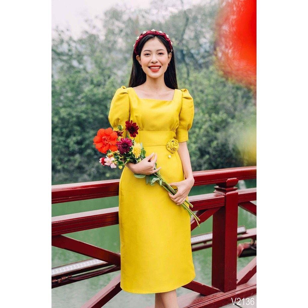 ĐẦM TAY NGẮN CỔ VUÔNG, EO KẾT HOA CÀI ĐI DỰ TIỆC