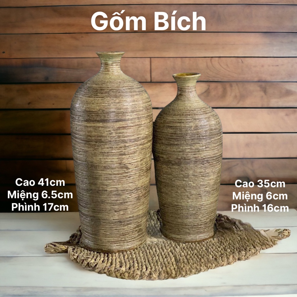 Bình Hoa Dáng Chai To Cổ Nhỏ Men Mộc Cắm Đào Lựu Tuyết Mai Đẹp Gốm Sứ Bát Tràng - Gốm Bích