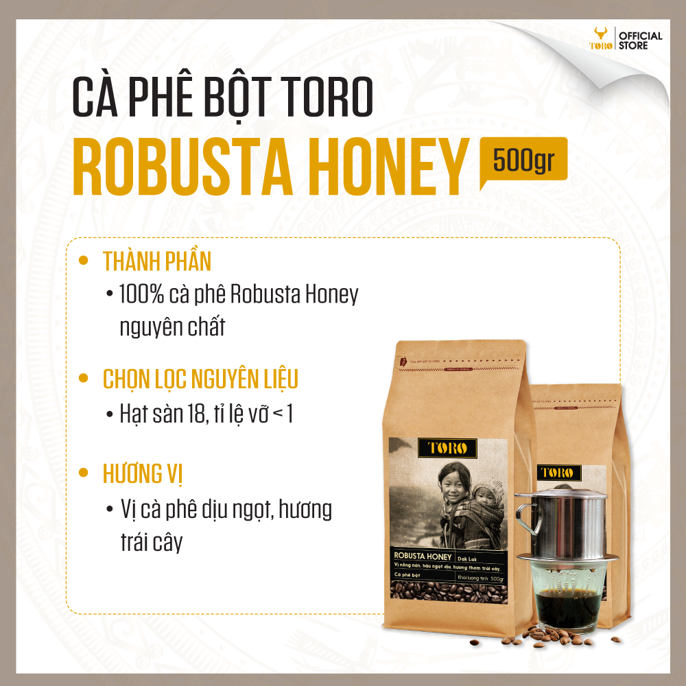 [1KG] Bộ Mix Cà Phê Bột Toro Robusta &amp; Toro Robusta Honey Nguyên Chất 100% | 500GR/ gói | TORO FARM