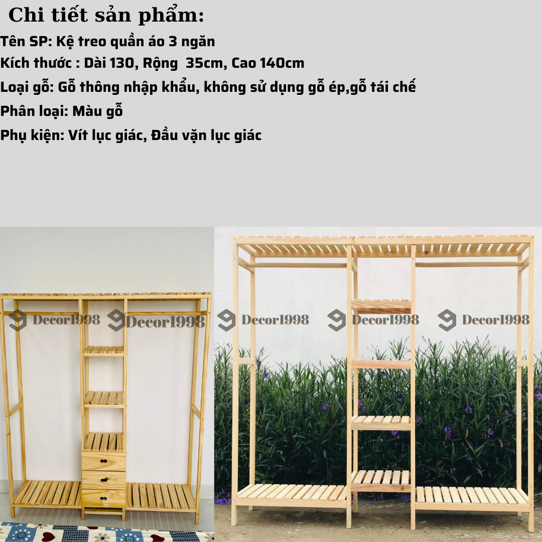 KỆ TREO ĐỒ 3 NGĂN, KỆ 3 BUỒNG GỖ THÔNG NHẬP KHẨU