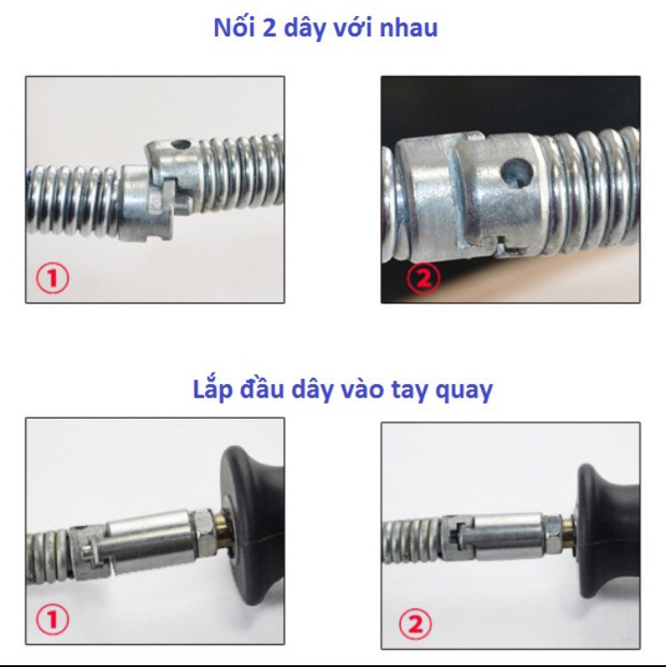 dây thông cống lò xo 16mm - sử dụng bằng tay quay dài 12m tặng kèm 6 đầu thông, 1 tay quay