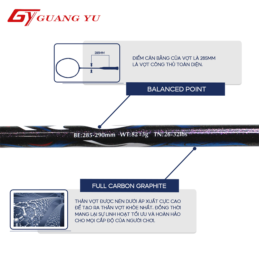 Vợt Cầu Lông Chính Hãng Guangyu Cao Cấp Vợt 4U Khung Carbon Siêu Nhẹ Lưới Đan Sẵn - V07