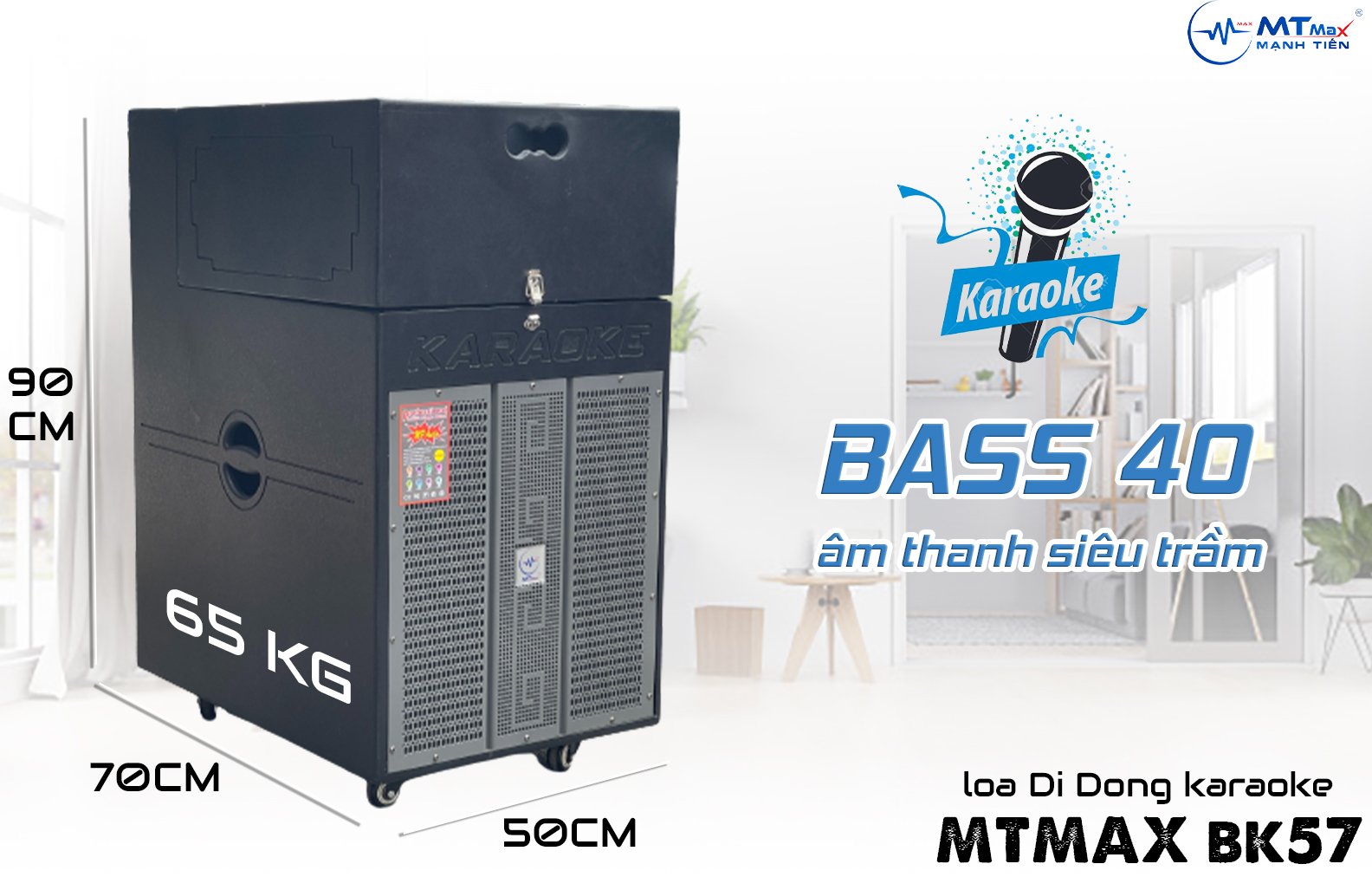 Loa Kéo Di Động Karaoke Bass 40 MTMax BK57 (1000W) 4 Tấc  với công suất loa lớn bạn có thể sử dụng liên tục trong nhiều giờ ngoài nguồn điện, rất thích hợp khi bạn muốn tổ chức các buổi tiệc ngoài trời cùng gia đình và bạn bè.