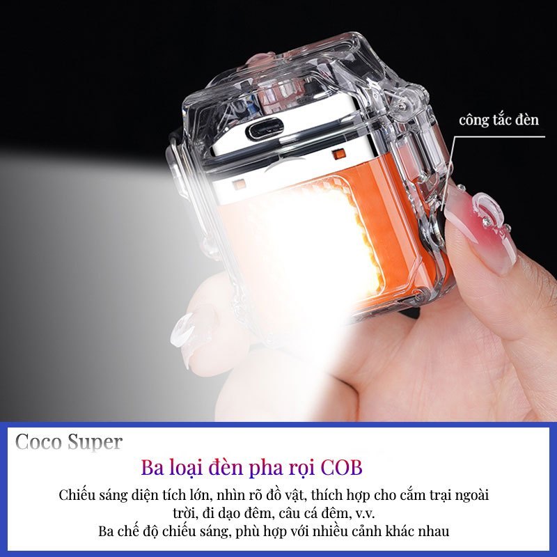 Quẹt Điện Plasma Tích Hợp Đèn Pin 3 Chế Độ Siêu Sáng - Vỏ Trong Suốt Chống Gió, Chống Nước - Hàng cao cấp