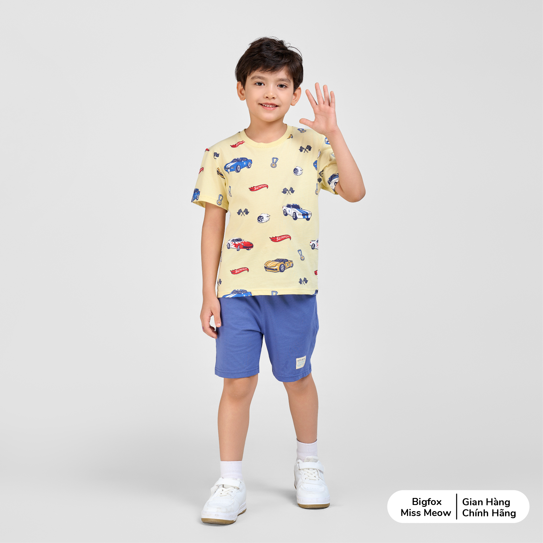 Bộ bé trai Bigfox Miss Meow cộc tay mùa hè, chất cotton size đại in ô tô 3,7,9,11 tuổi 30kg 40kg