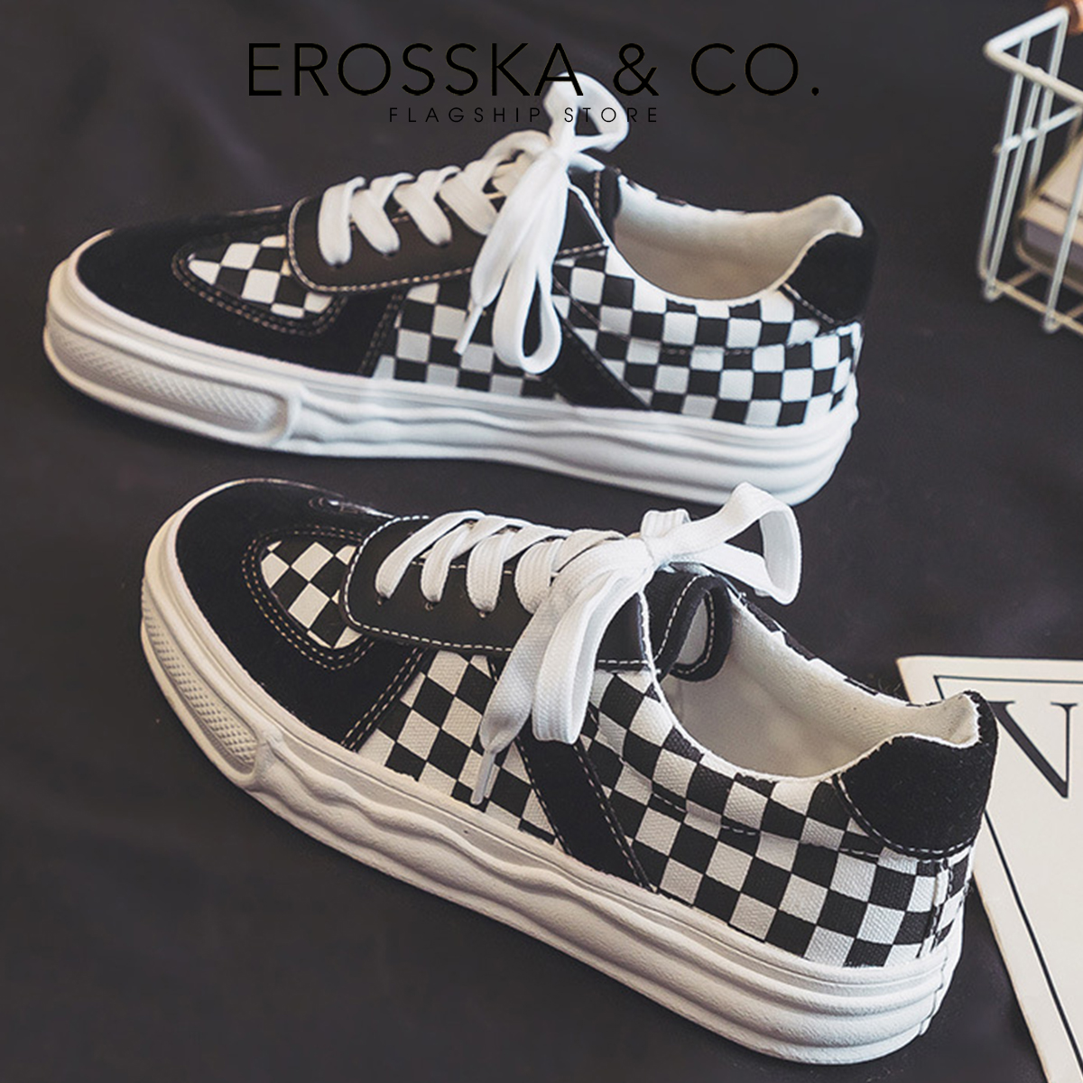 Erosska - Giày sneaker nữ đế dày mũi tròn hoạ tiết caro cá tính - GS019