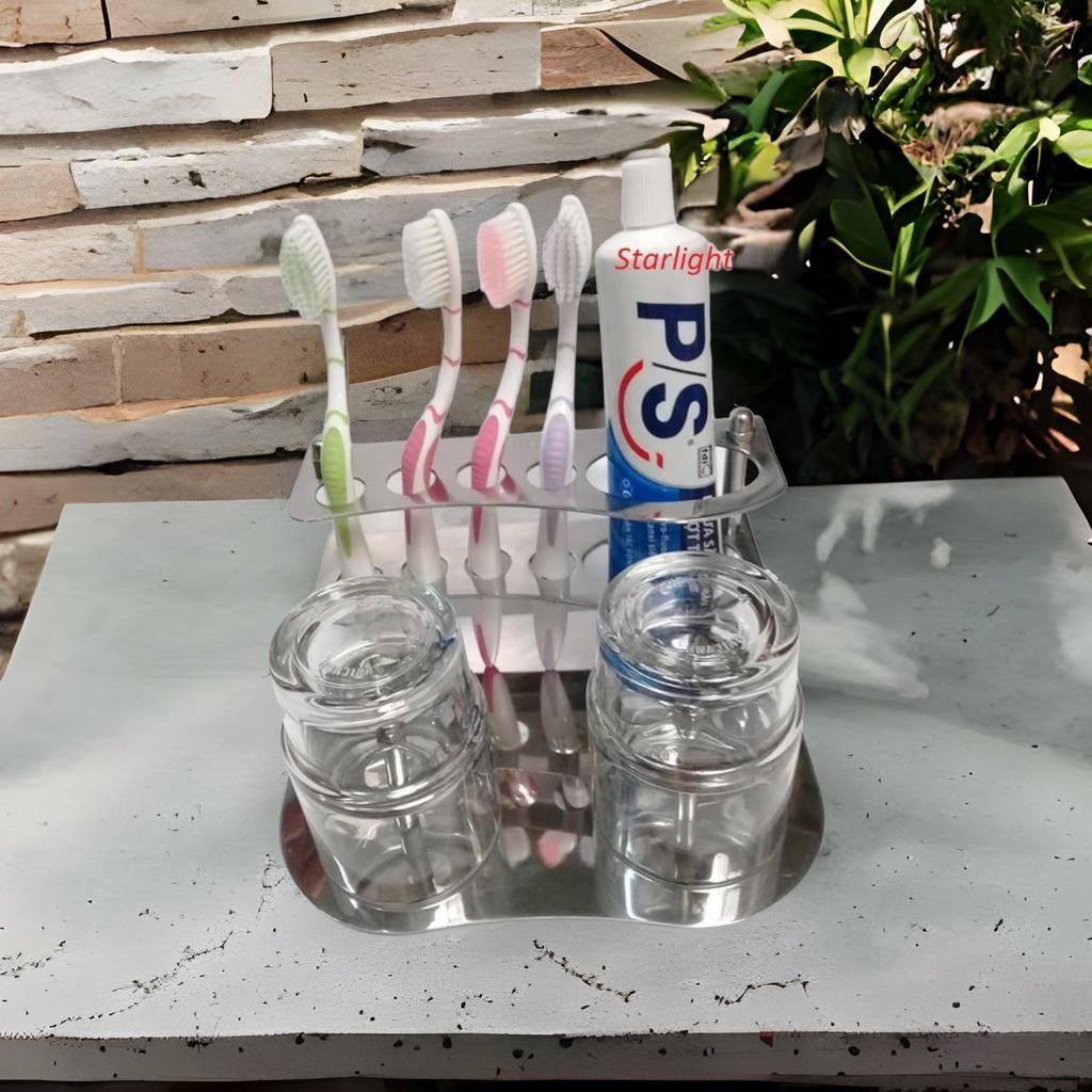 Kệ để bàn chải đánh răng 100% inox 304 kèm 2 ly thủy tinh inox chống ăn mòn chống rỉ sét an toàn cho sức khỏe