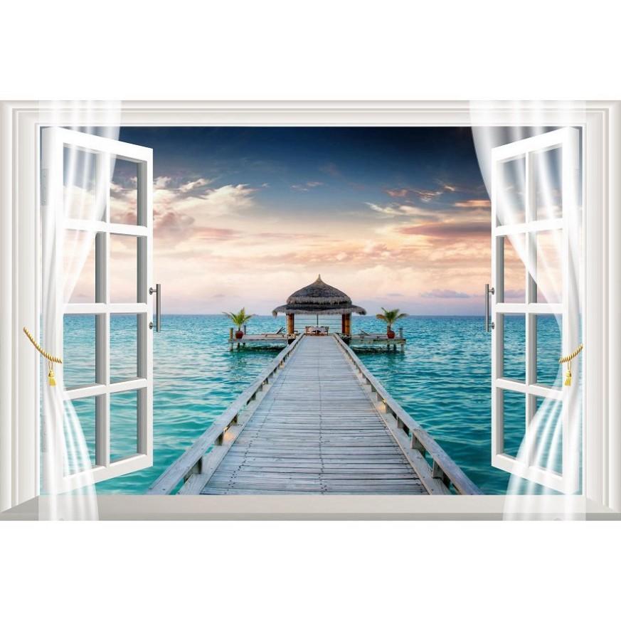 Tranh dán tường cửa sổ 3D cảnh biển đẹp 0214