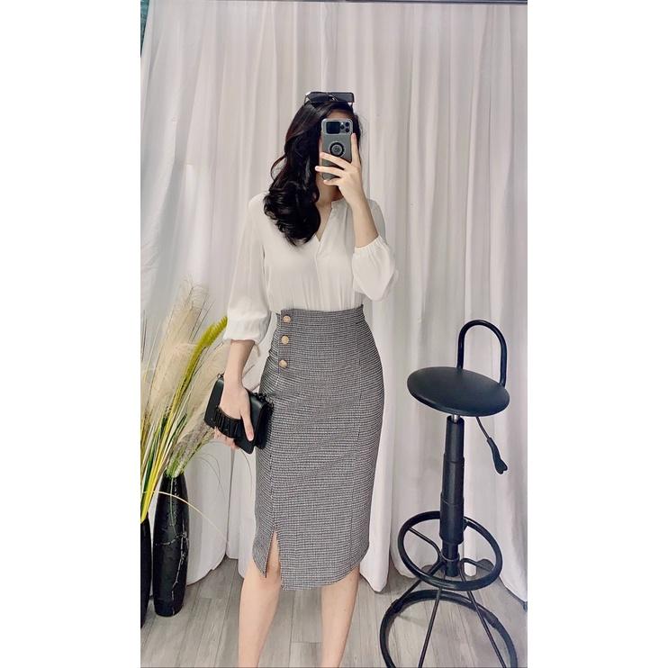 Chân váy dạ kẻ - dáng ôm - chất co giãn