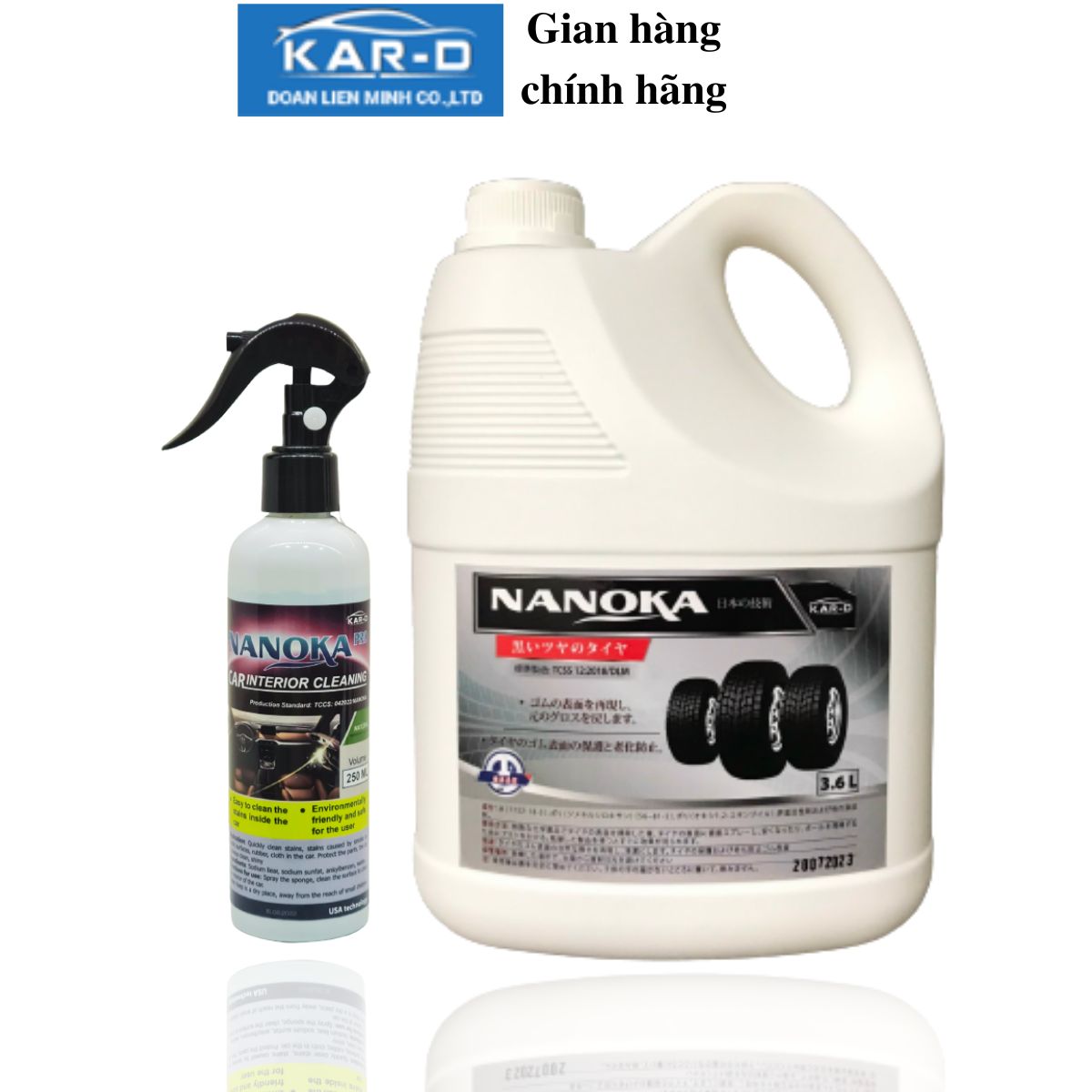 Combo 2 chai Vệ sinh nội thất ô tô Nanoka 250ml và Dướng đen bóng lốp Nanoka 3,6L