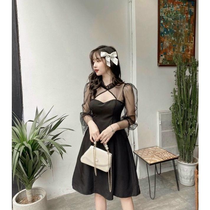 Đầm Đen Xoè Tay Phồng Váy Đen Dáng Xoè Hở Ngực Siu Xinhh