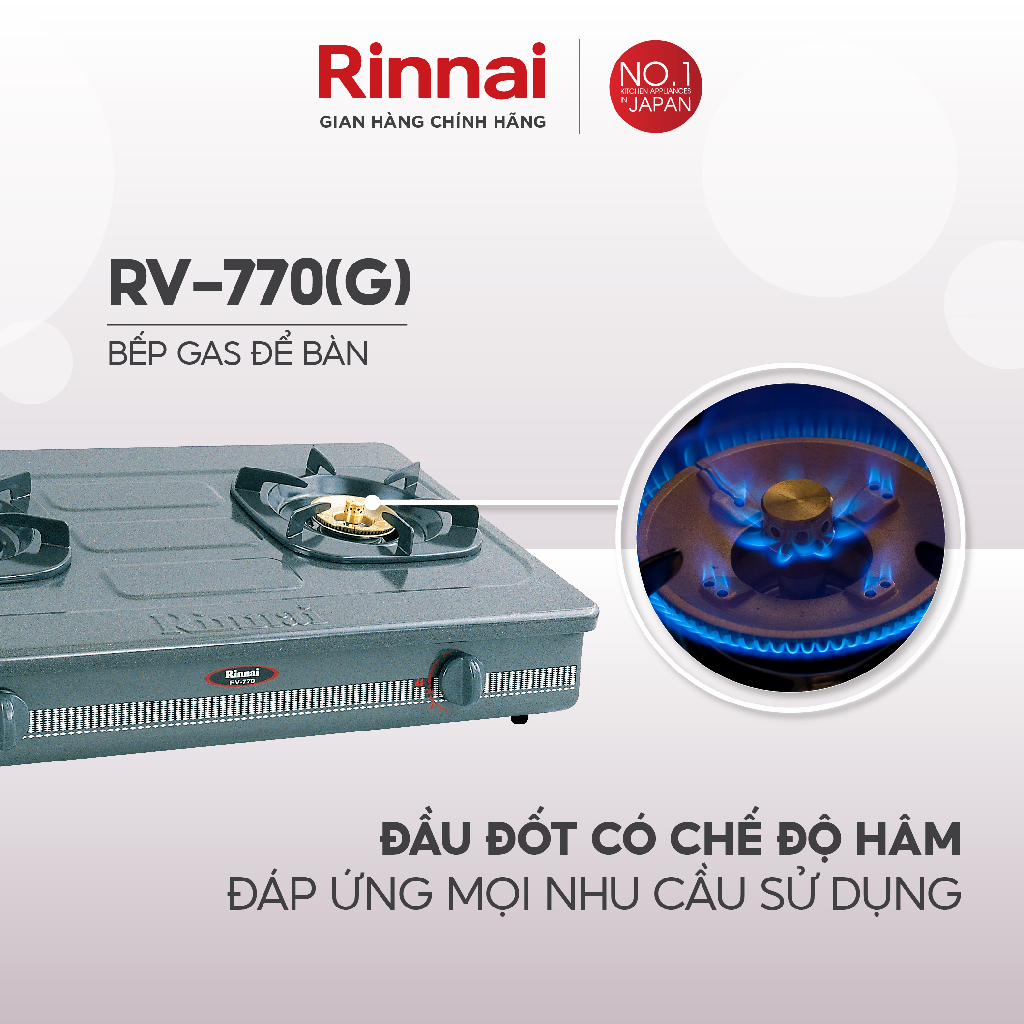 Bếp gas dương Rinnai RV-770(G) mặt bếp men và kiềng bếp men - Hàng chính hãng.