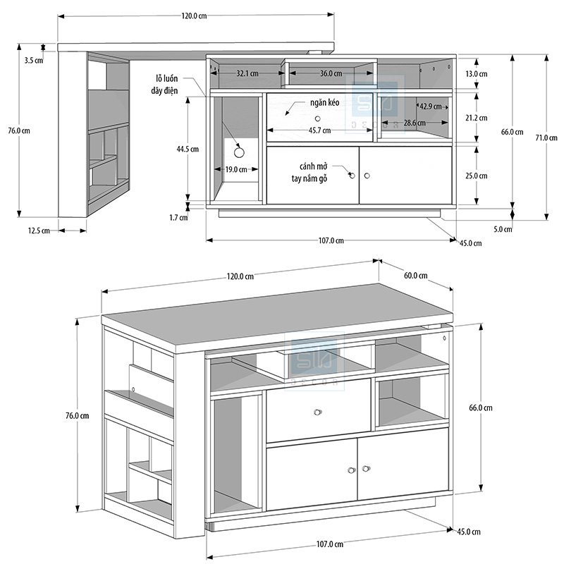 Bàn Làm Việc Sáng Tạo Kèm Tủ Sách Phong Cách Bắc Âu Thương Hiệu SIB Decor (Không Gồm Ghế) BLV07