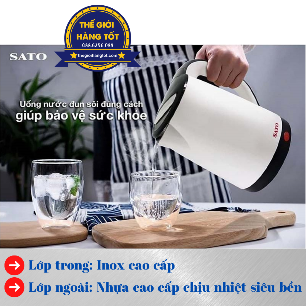 Ấm siêu tốc SATO 17ST72 1,8L - Hàng chính hãng - Inox cao cấp không gỉ, cảm biến nhiệt độ, công nghệ Nhật Bản