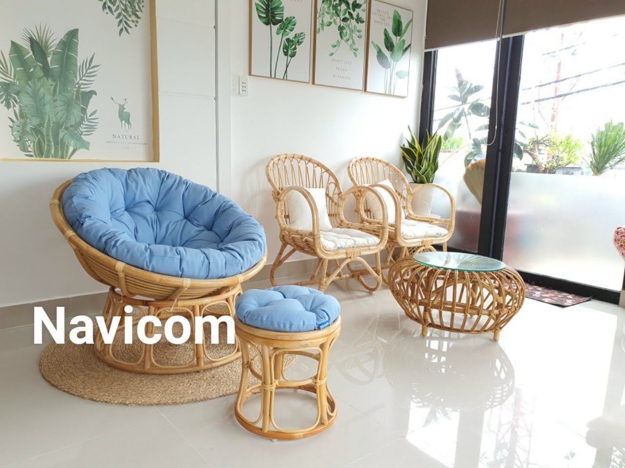 Ghế thư giãn papasan mây tư nhiên ( nệm vải bố cao cấp xanh nhạt) 