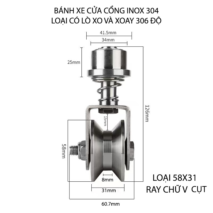 Bộ bánh xe cho cửa cổng trượt-lùa kiêm xoay 360 độ, làm bằng inox 304 có lò xo giảm chấn, Kích thước 58x31mm