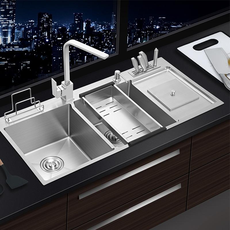 Chậu rửa chén 2 ngăn, màu trắng mờ bằng inox sus 304 kèm kệ dao thớt và hố đựng rác