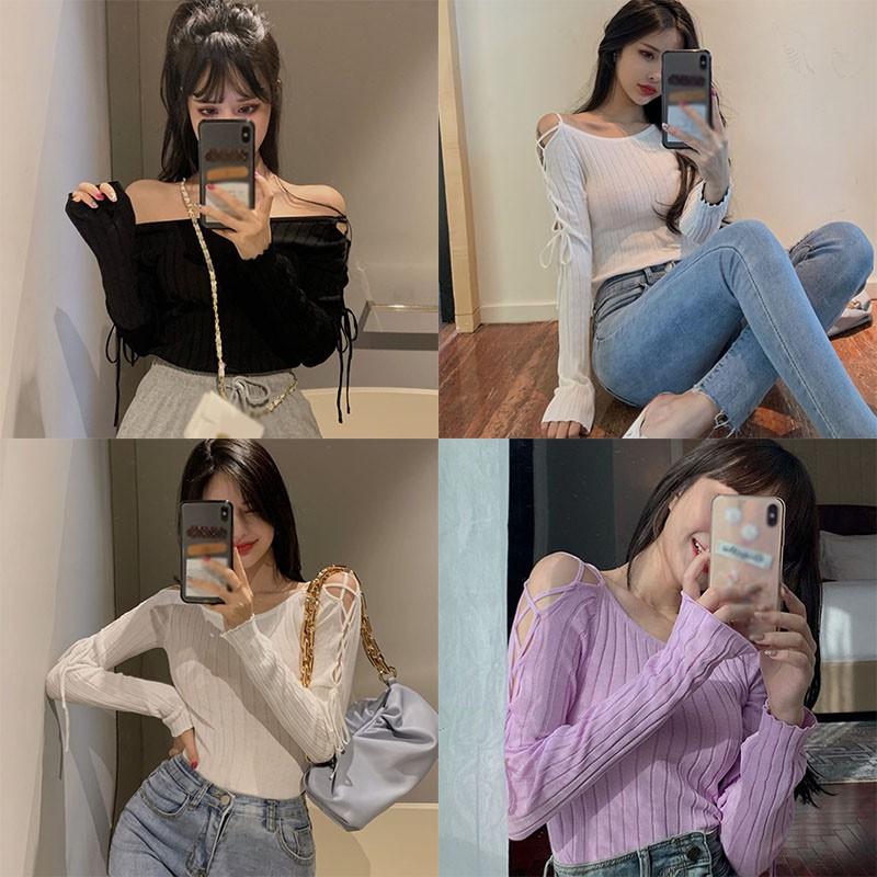 Áo Thun Dệt Kim Màu Trơn Thời Trang Cho Phụ Nữ