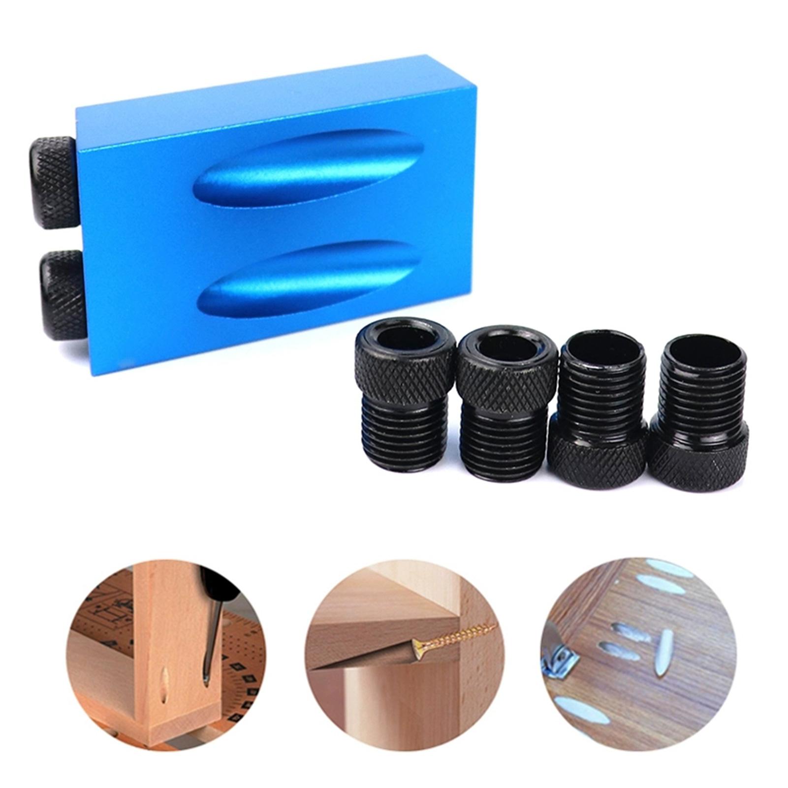 Mũi gá lỗ bỏ túi bao gồm 1 bộ định vị, 1 chìa khóa lục giác, 3 mũi khoan, 3 nút chặn và 6 tay khoan.