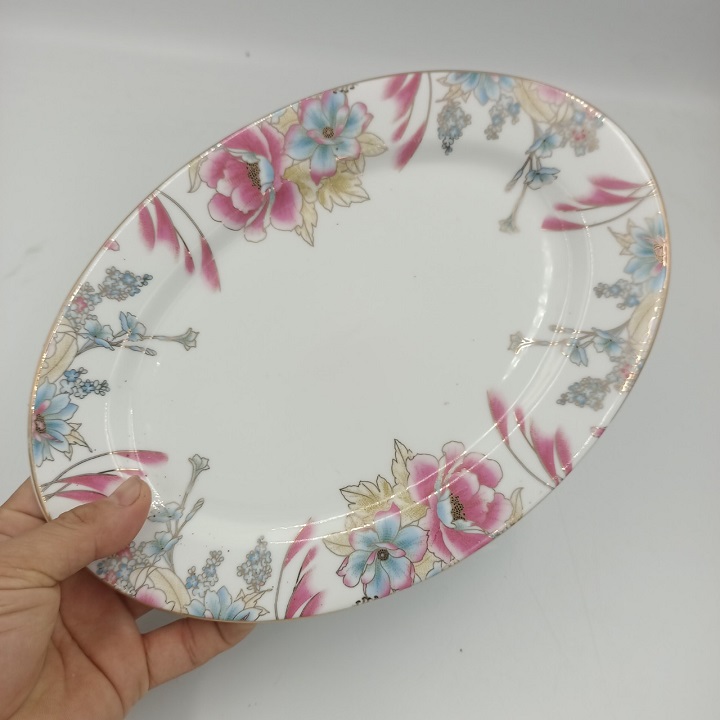 Đĩa Xoài Viền Vàng Họa Tiết Bông Lau Hồng Cao Cấp