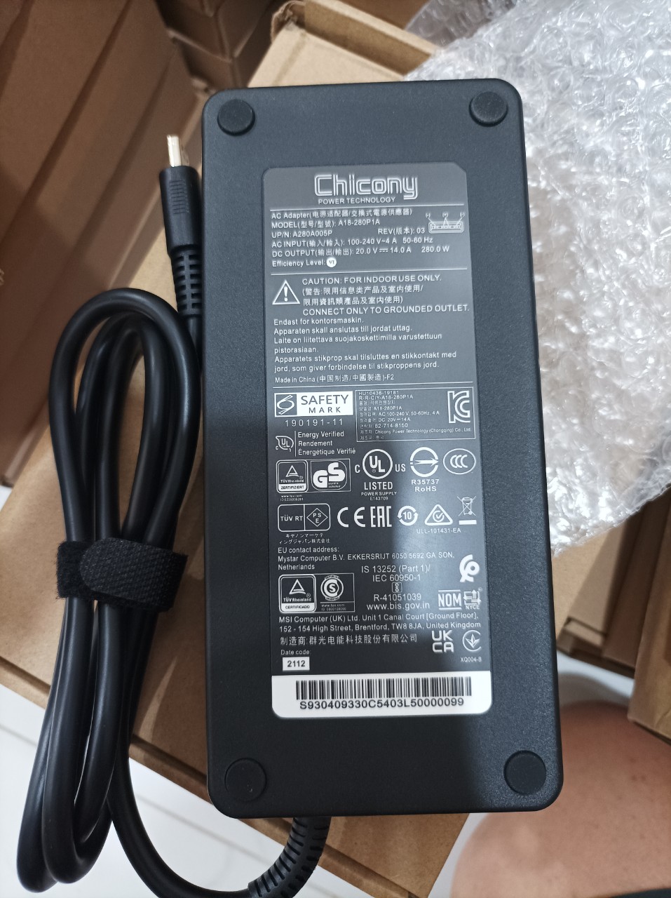 Sạc dành cho Laptop MSI GP76 Leopard 10UH/RTX3080 Chicony 280W 20V AC Adapter Type USB 3-prong