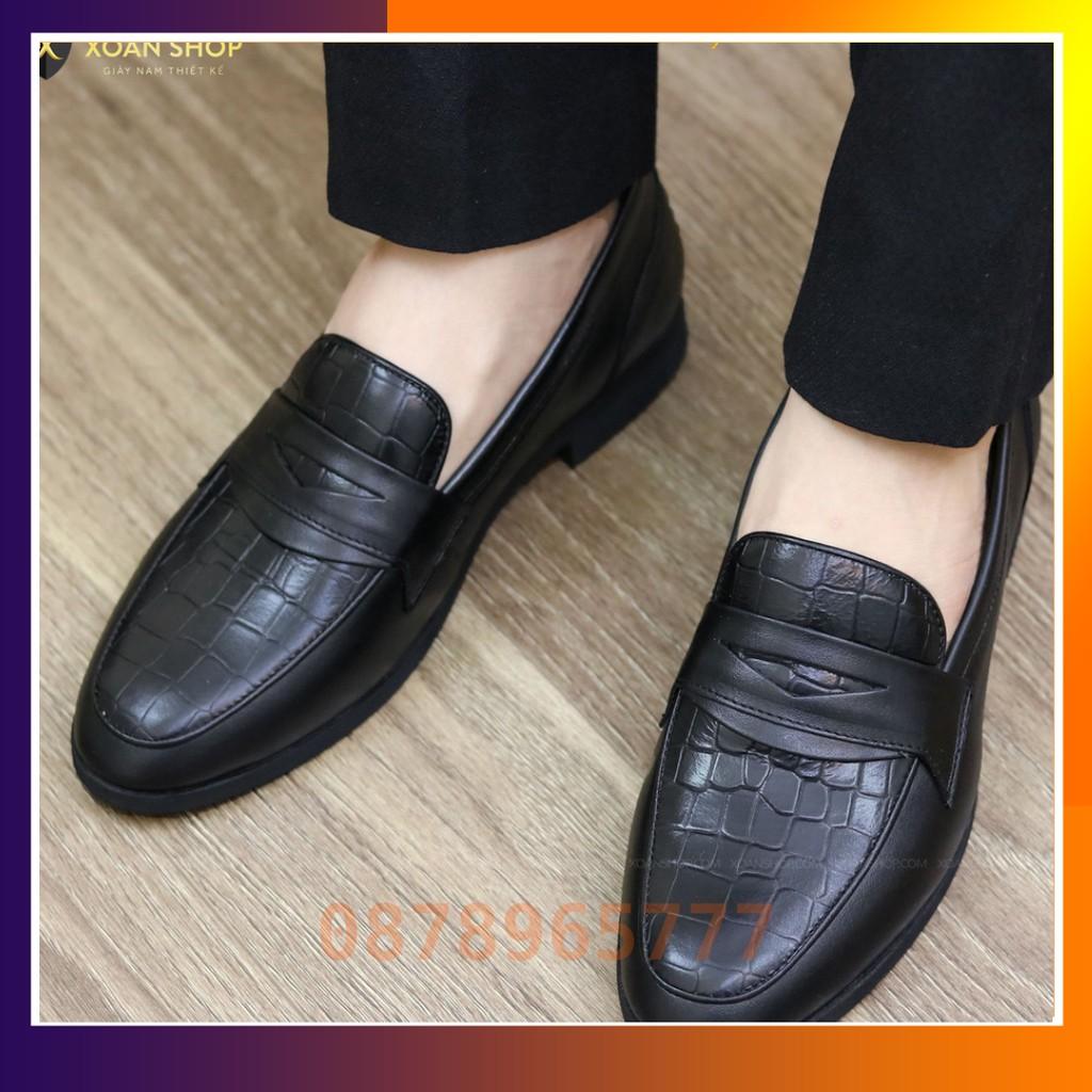 Giày Lười Nam Đẹp Da Bò Dập Vân Cá Sấu Mã G046 Màu Đen