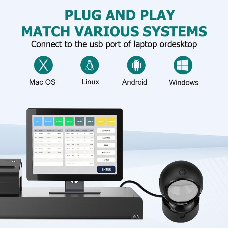 NETUM NT-A5 Máy quét mã vạch 2D để bàn, USB có dây rảnh tay đa hướng Đầu đọc mã vạch lớn Quét mã vạch màn hình 1D QR