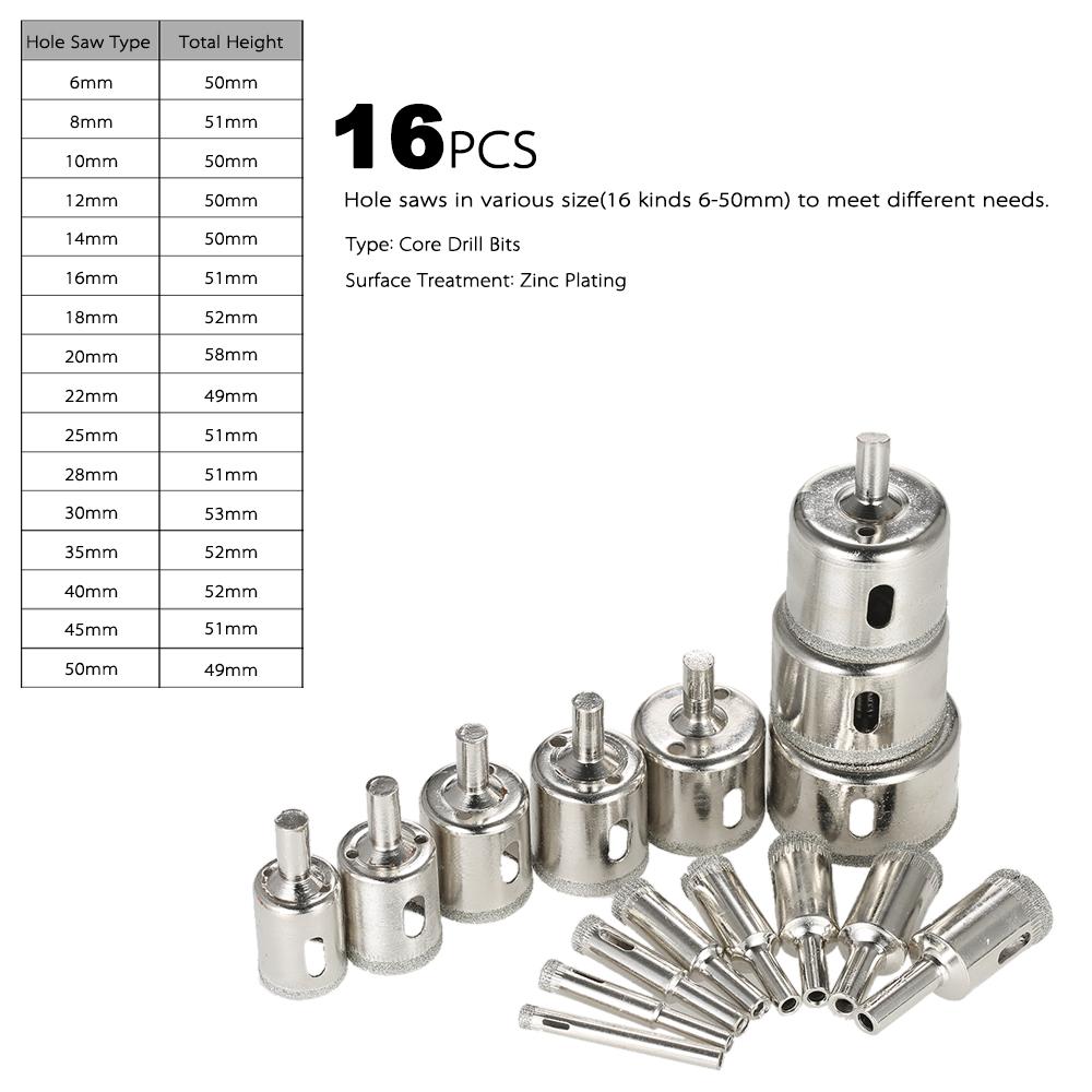 16PCS 6-50mm Glass Hole Saw Kit Diamond Coated Core Hole Saw Marble Drill Bit Tile Ceramic Glass Porcelain