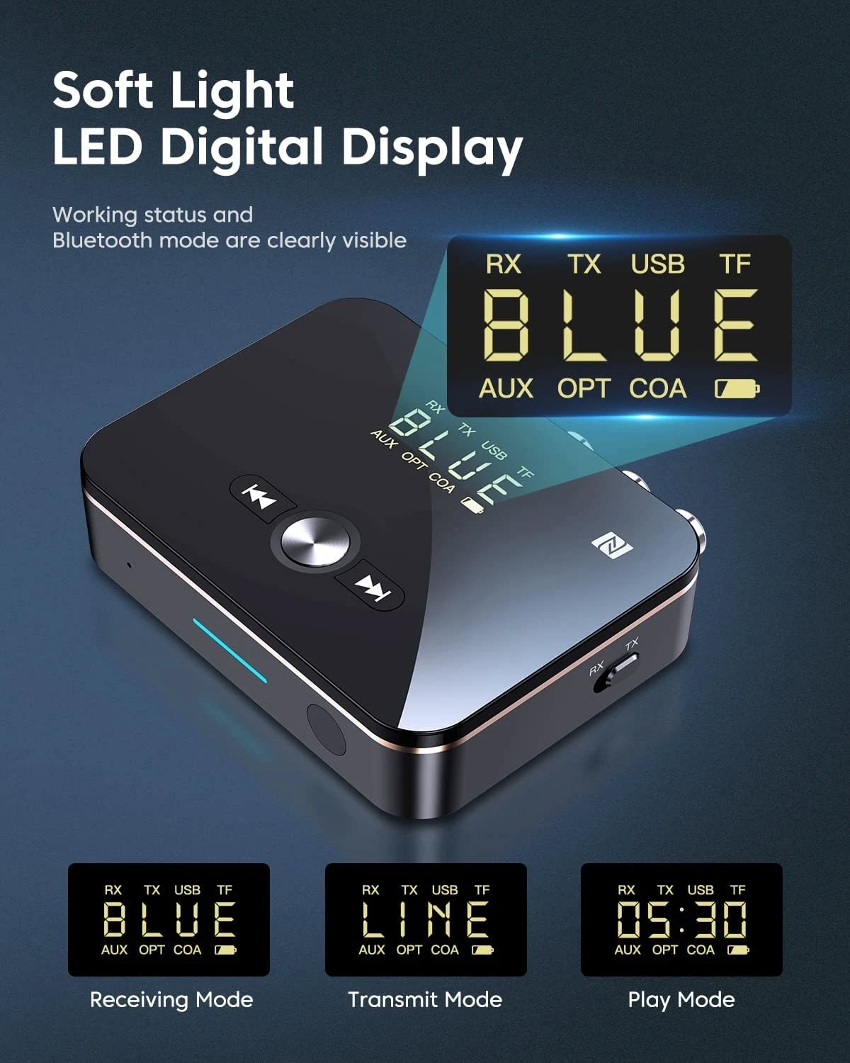 ROGTZ - Bộ Thu Phát Bluetooth Đa Năng M8 NFC, Chip AC6951C, Bluetooth 5.0, Màn Hình LED, Pin Lithium-ion 3.7V/500mAh, 8h, Phạm vi truyền 10m, Kết nối  AUX 3.5mm/RCA kép/Coaxial/Optical, Màn LCD, Hỗ Trợ Nhiều Giao Diện - Hàng Chính Hãng