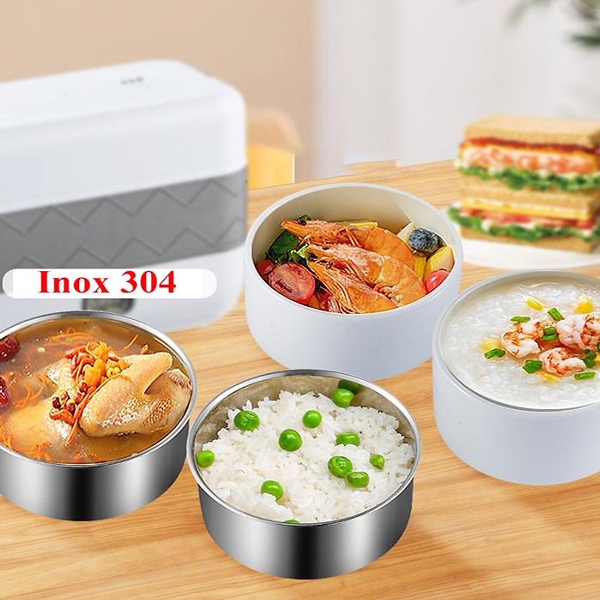 Hộp cơm cắm điện 3 tầng 4 bát inox 304 tự động nấu chín thức ăn