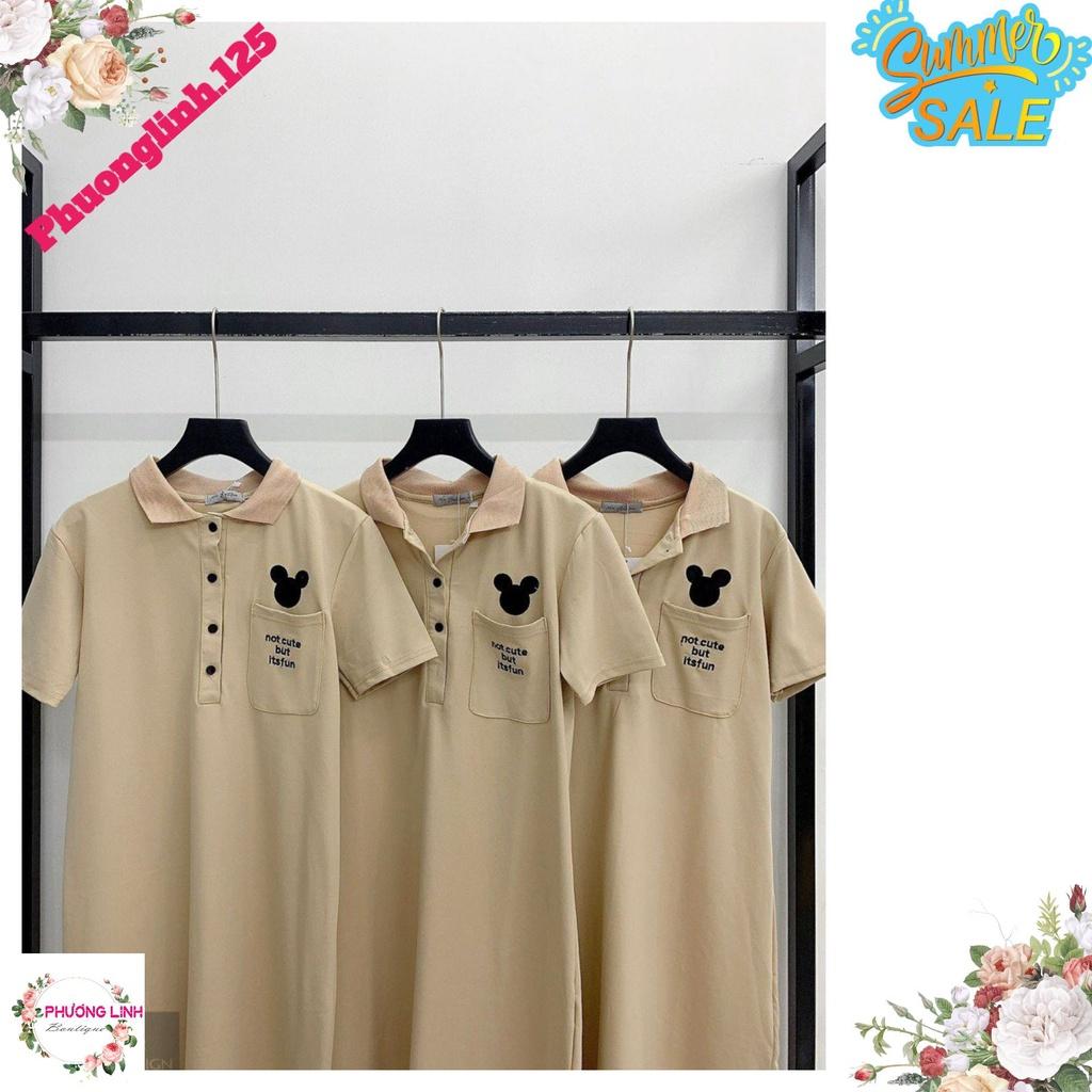 VÁY POLO SUÔNG MÀU BE TÚI NGỰC MICKEY