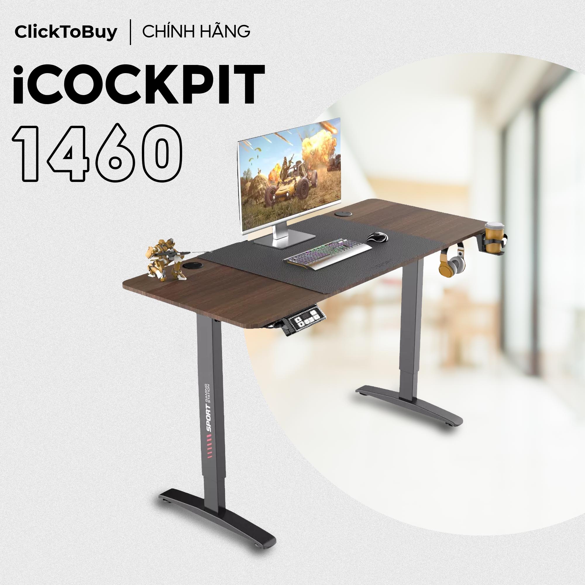Bàn Tăng Giảm Nâng Hạ Chiều Cao Thông Minh Công Thái Học Icockpit 1460, Nâng Hạ 80 Kg, Tặng Móc Treo Tai Nghe, Giá Để Ly Nước, Thảm Lót Chuột - 1460 Nâu Đen