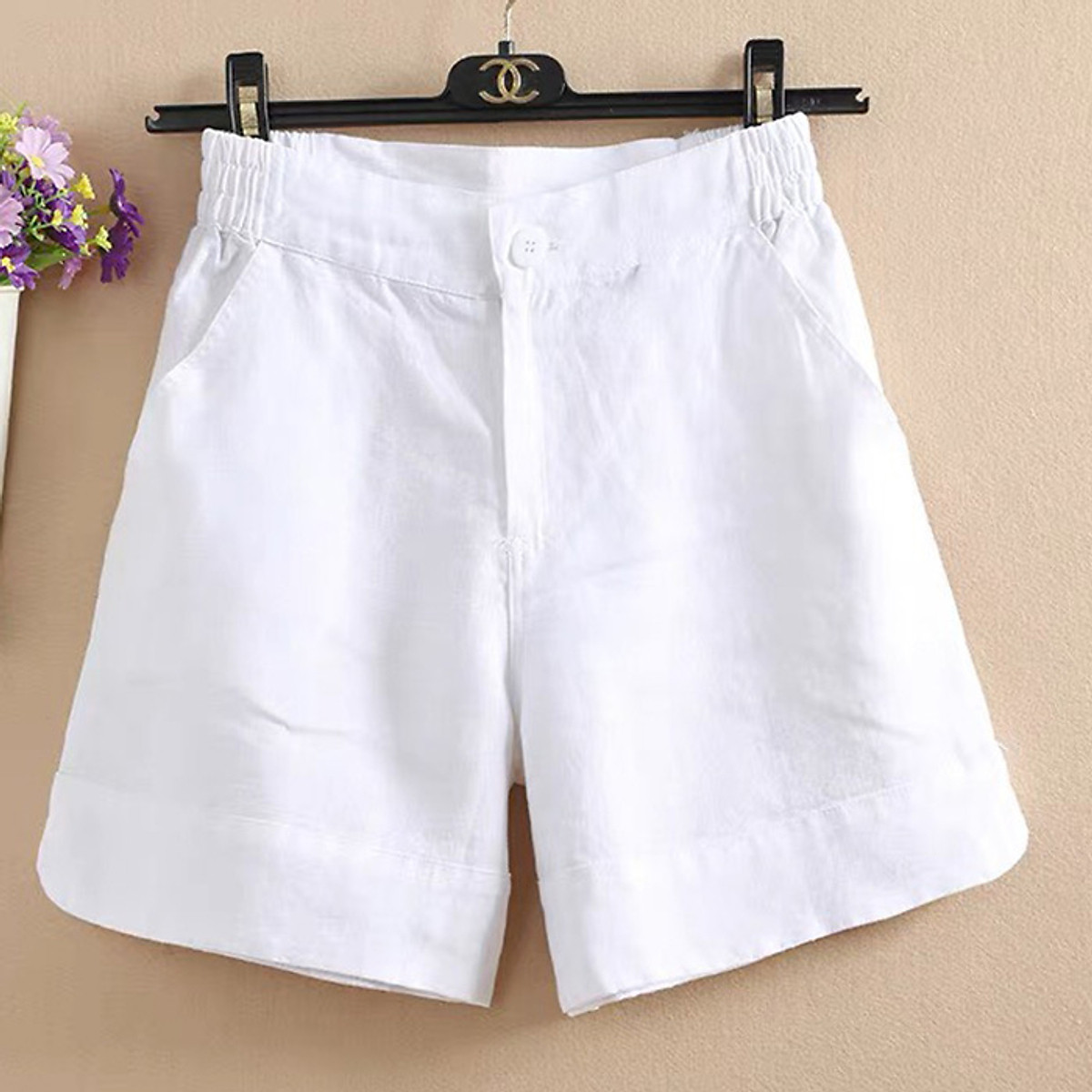 Quần short nữ linen bột Premium xẻ gấu tròn lưng chun 2 bên