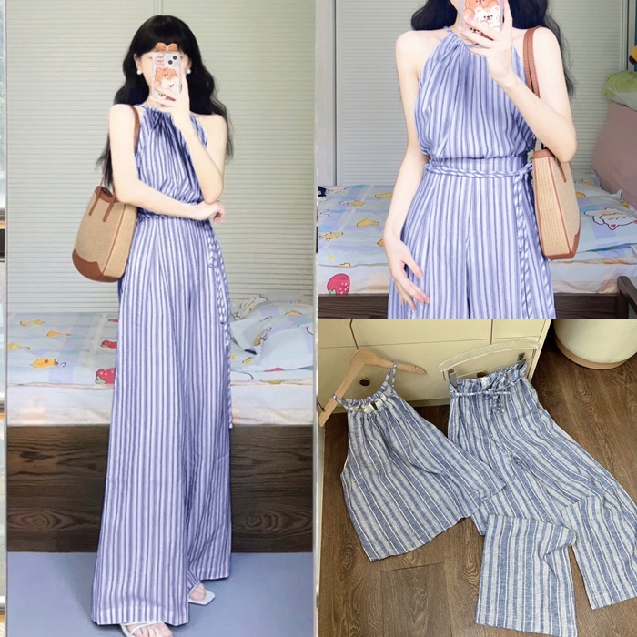 SET ÁO 2 DÂY YẾM SUÔNG TRƠN SÁT NÁCH CROPTOP + QUẦN DÀI ỐNG RỘNG LƯNG CAO SỌC JUMPSUIT ĐI BIỂN DẠO PHỐ ĐI CHƠI ĐI TIỆC