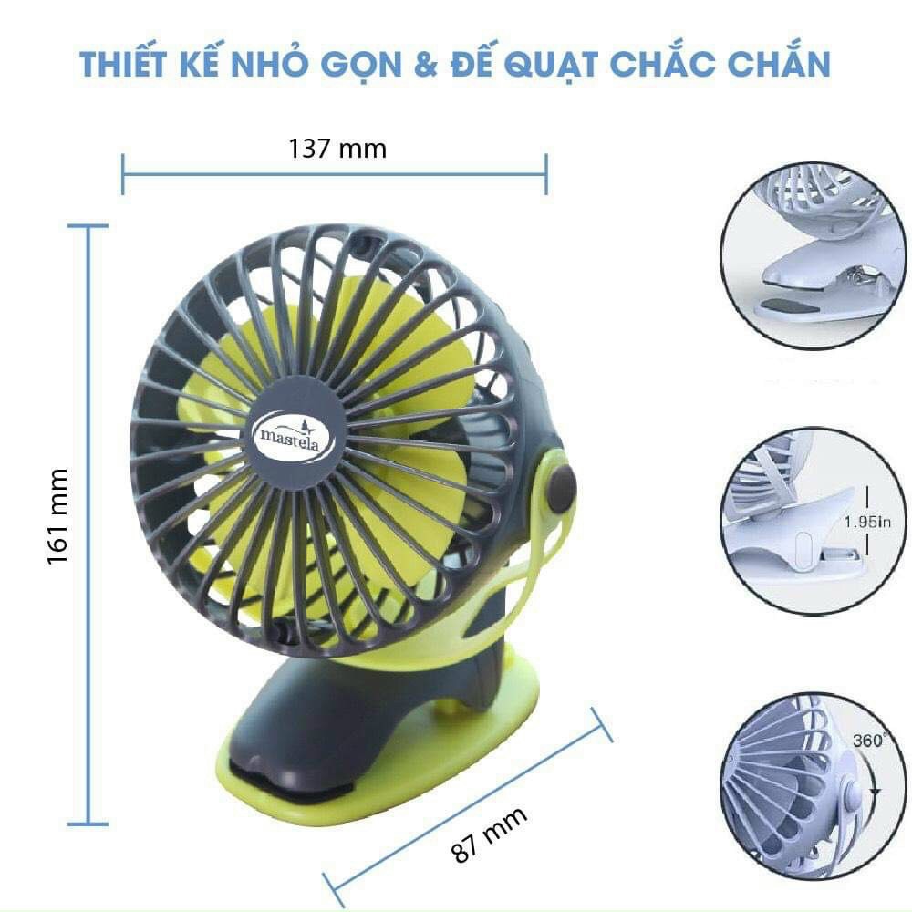 QUẠT SẠC MINI TÍCH ĐIỆN XOAY 360 ĐỘ KẸP NÔI CHO BÉ MASTELA -MSTL-F04-360( GIAO MÀU NGẪU NHIÊN )