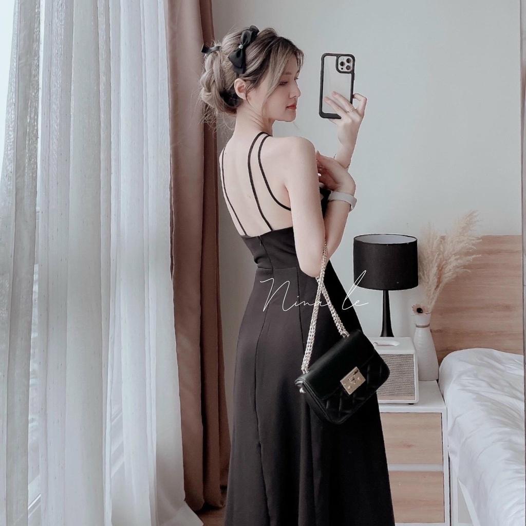 Váy đầm nữ dự tiệc dáng xòe cổ yếm đan dây kết bông xếp ly eo xinh xắn