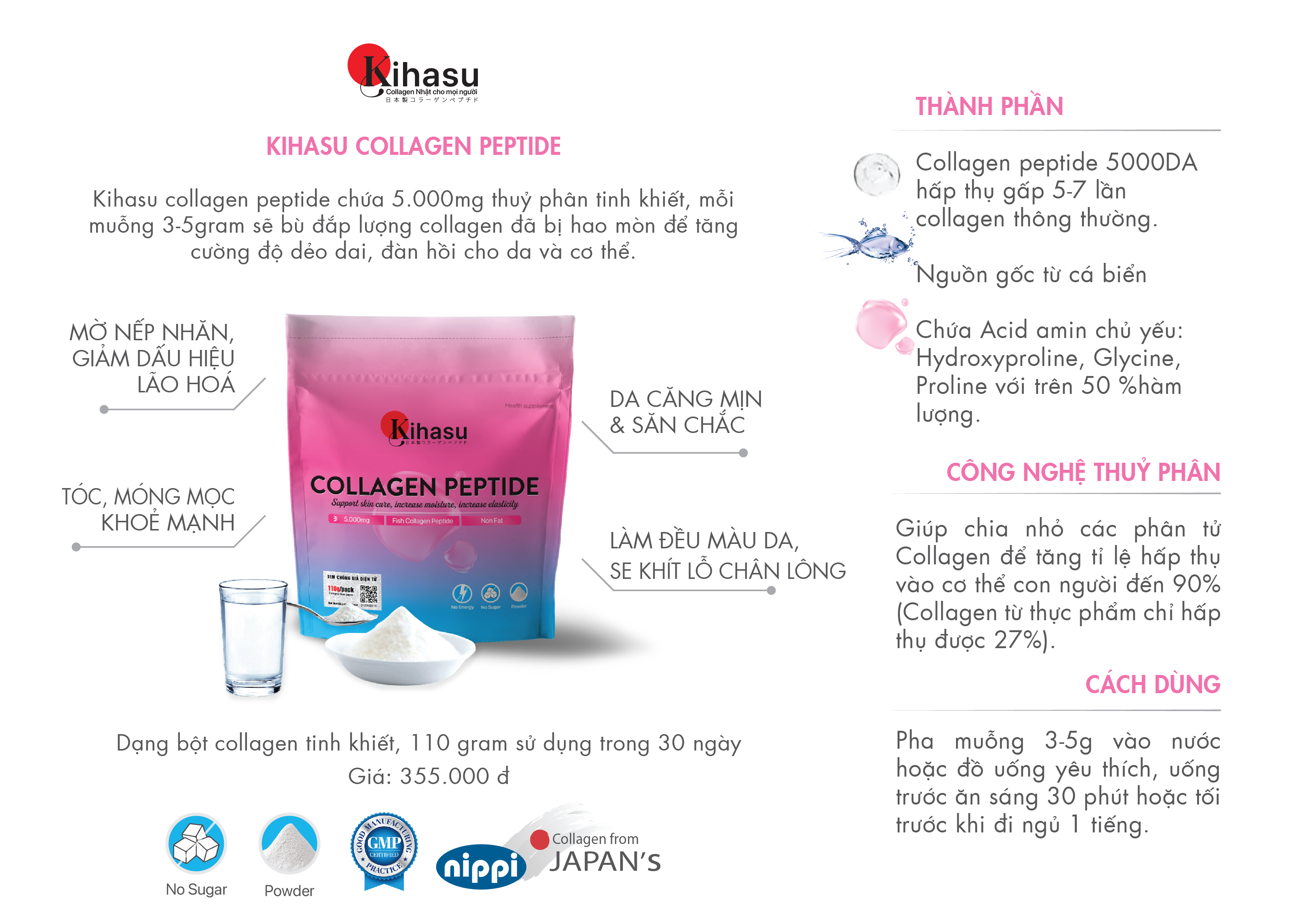 Bột collagen peptide KIHASU: Collagen bột cao cấp nippi Japan da trẻ đẹp hơn