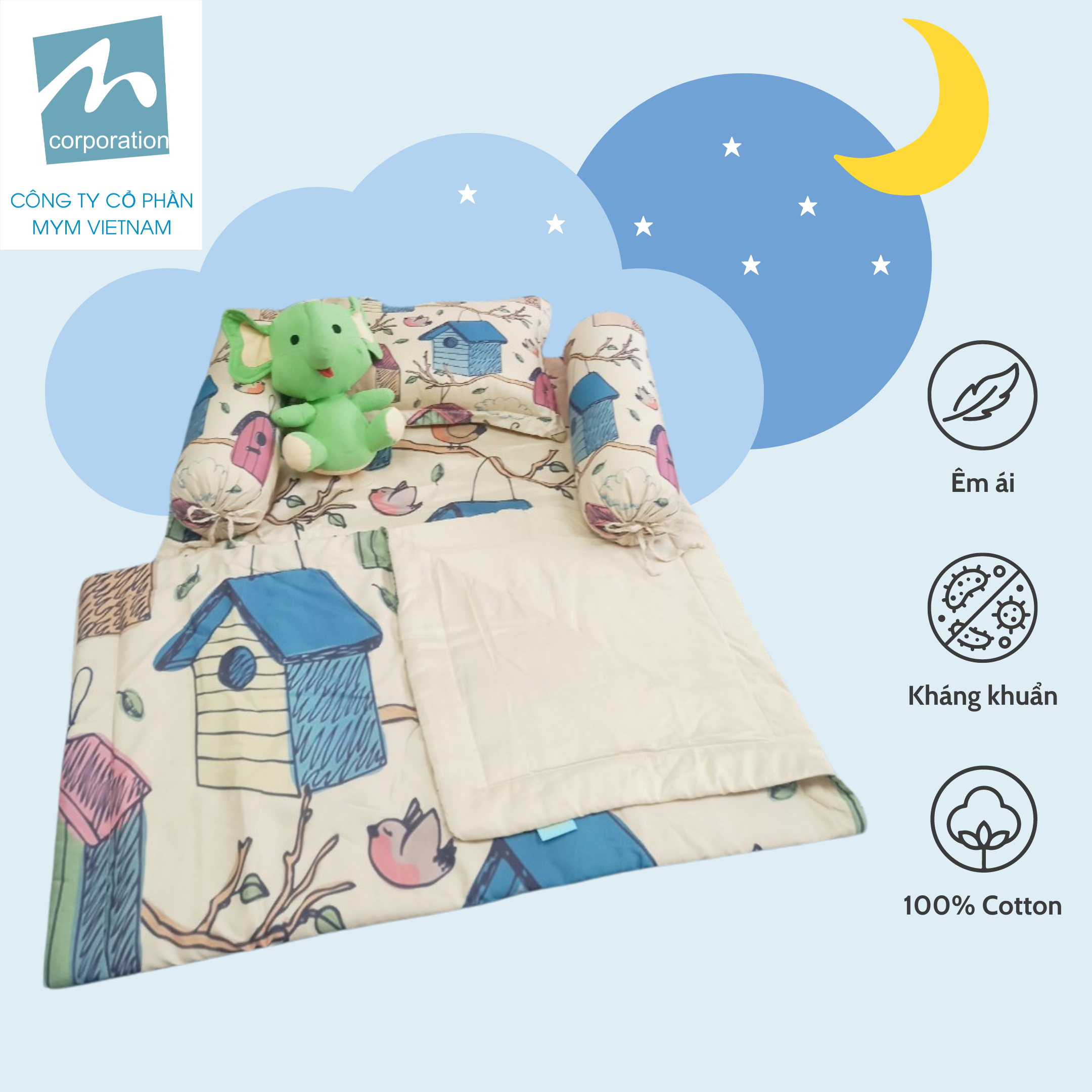 Bộ chăn gối nệm 5 chi tiết cho trẻ em MYM chất liệu vải Microfiber in hoạ tiết đáng yêu, mềm mại, thấm hút