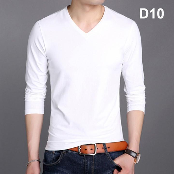 Áo thun nam cao cấp dài tay cổ tim vải cotton dáng ôm đơn giản, sang trọng, lịch lãm